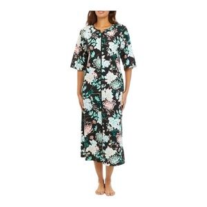 Miss Elaine Interlock Knit Long Floral Zip-Front Robe BWT